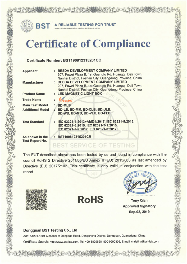 LED Light Box RoHS Certificate