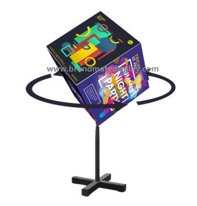 Printed cube-format LED light box on a floor stand with rotation arrows