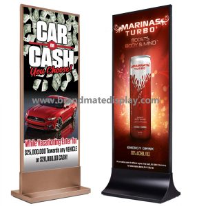 Freestanding exhibition stand display with T-shaped and curved bases