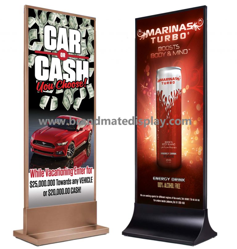 Freestanding exhibition stand display with T-shaped and curved bases