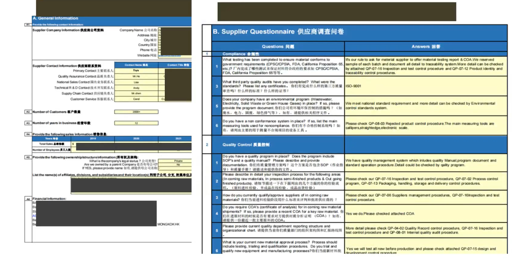 Supplier Questionaires