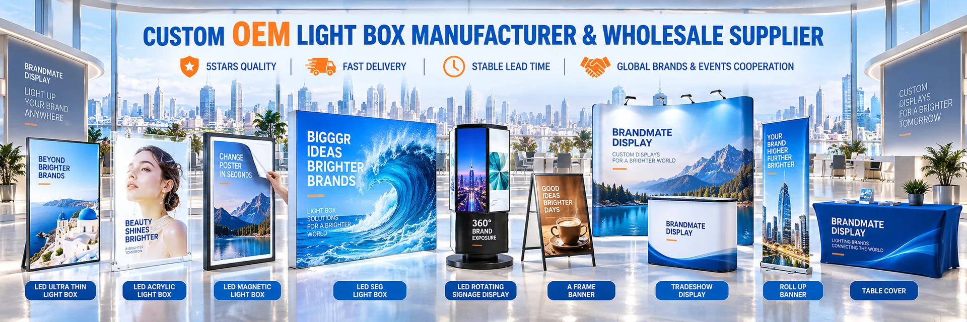 BrandMate Display product categories: ultra thin, acrylic, magnetic and SEG LED light boxes, rotating signage, A-frame banners, tradeshow displays, roll-up banners and table covers